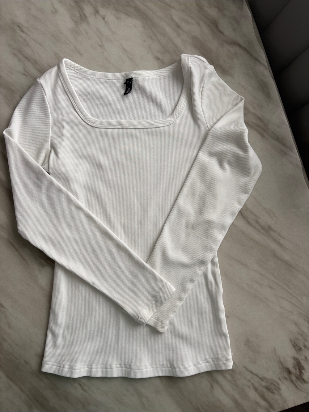 Classic White Ribbed Long-Sleeve Square Neck Top